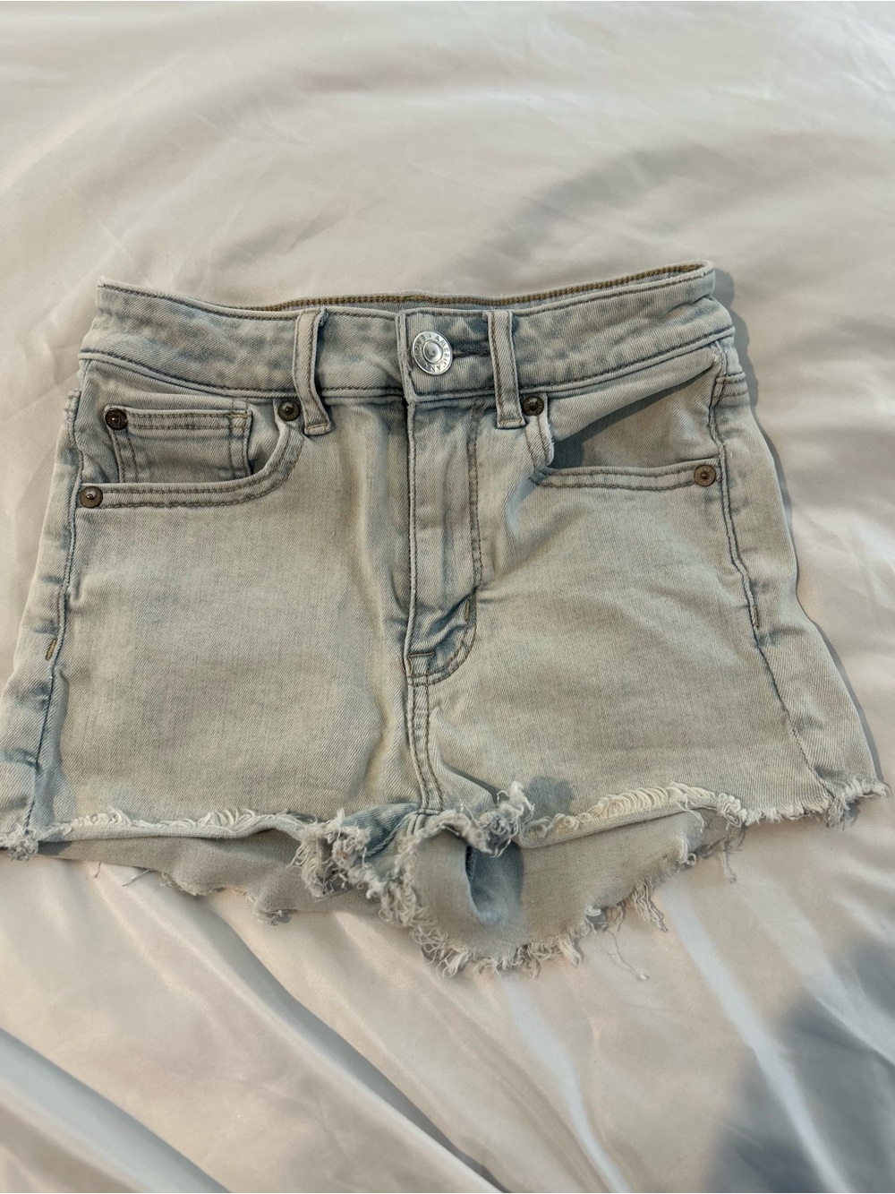 American Eagle Next Level Stretch Denim Shorts Womens 00 Light Wash Distressed